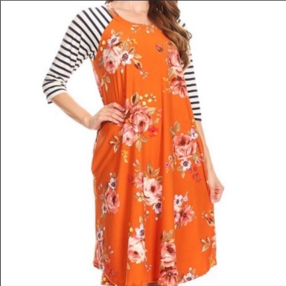 Orange Floral Midi Dress Size Small Modest Dress - Picture 6 of 6